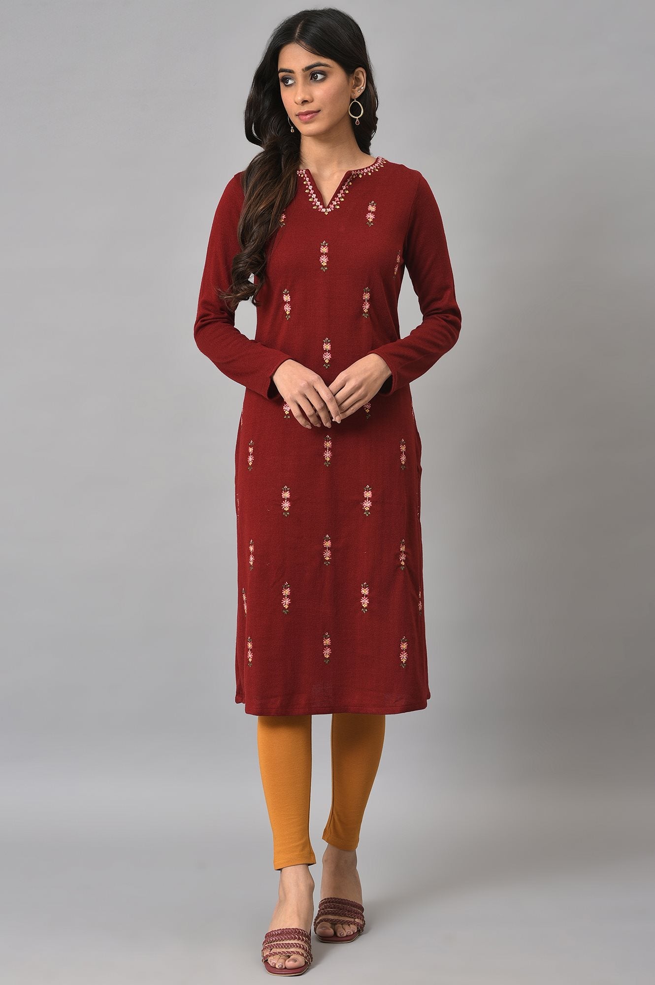 Deep Red Embroidered Plus Size Winter kurta