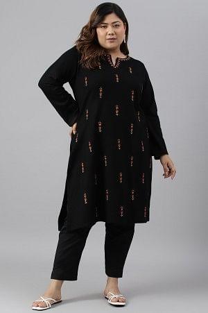 Plus Size Black Acrylic Embroidered Winter kurta - wforwoman