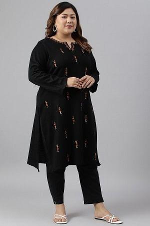 Plus Size Black Acrylic Embroidered Winter kurta - wforwoman