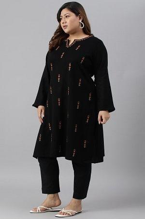 Plus Size Black Acrylic Embroidered Winter kurta - wforwoman