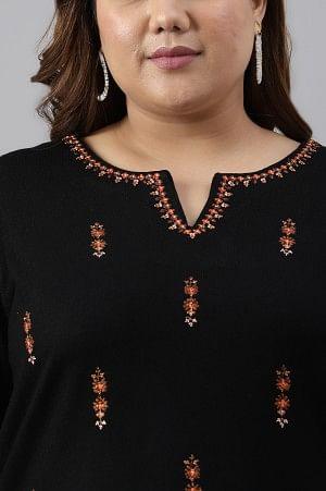 Plus Size Black Acrylic Embroidered Winter kurta - wforwoman