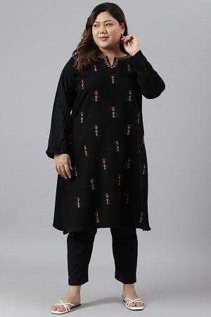 Plus Size Black Acrylic Embroidered Winter kurta - wforwoman