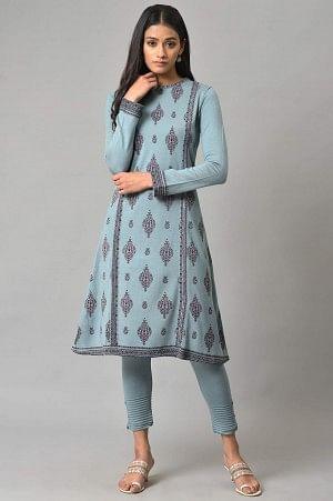 Blue Printed Knitted Winter kurta - wforwoman