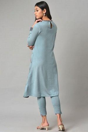 Blue Printed Knitted Winter kurta - wforwoman
