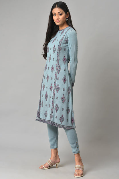 Blue Printed Knitted Winter kurta