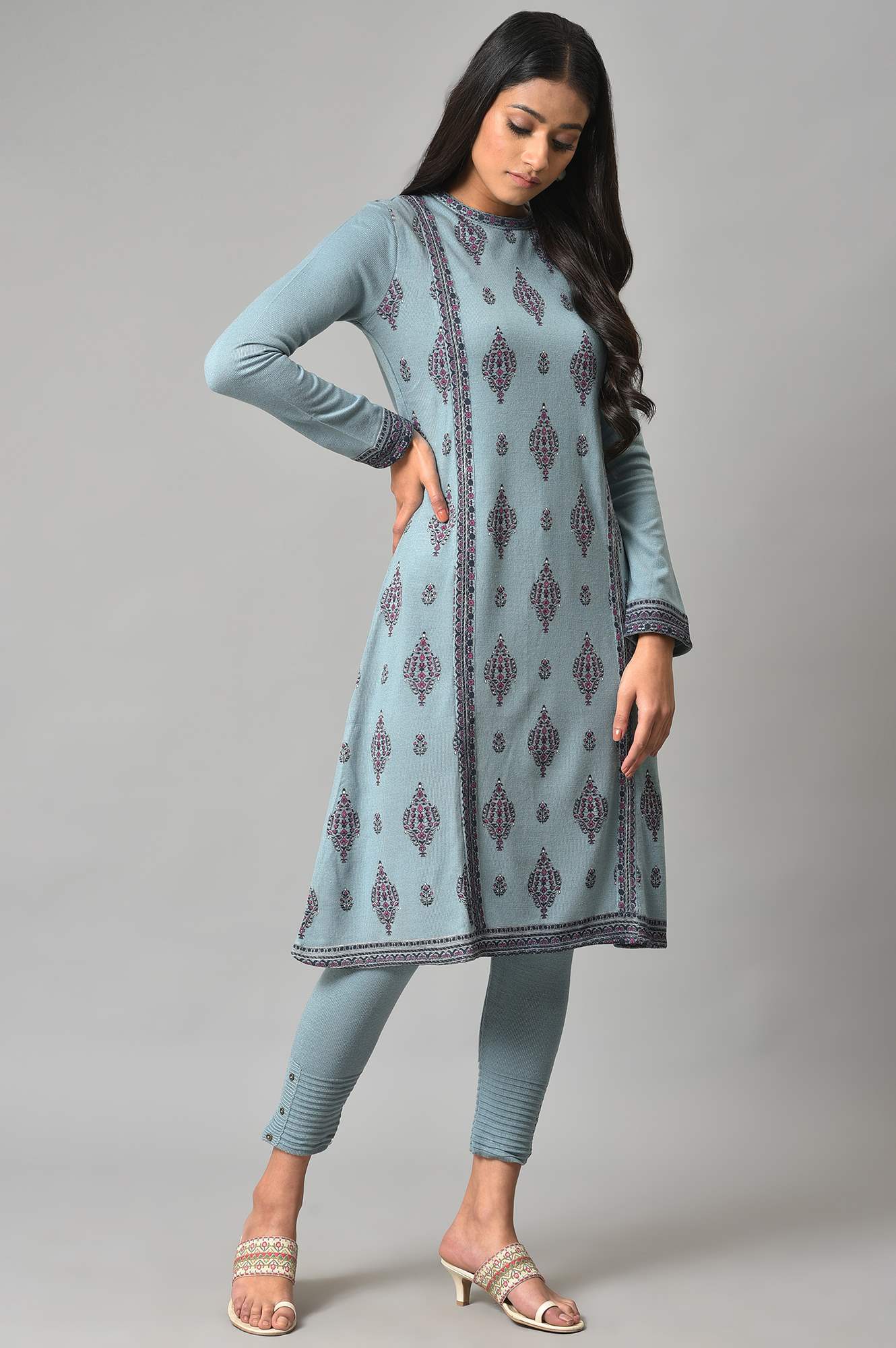 Blue Printed Knitted Winter kurta