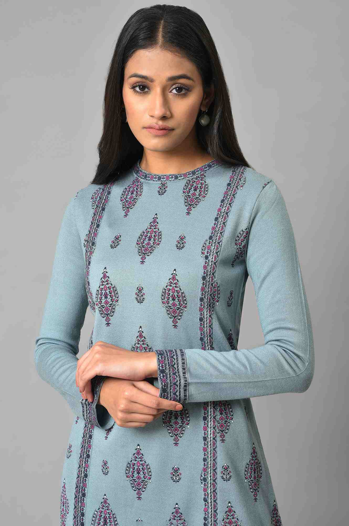 Blue Printed Knitted Winter kurta