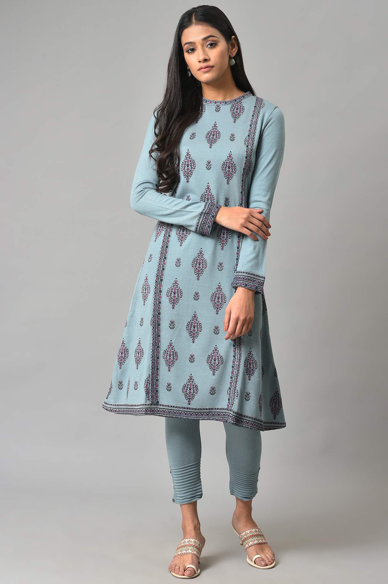 Blue Printed Knitted Winter kurta