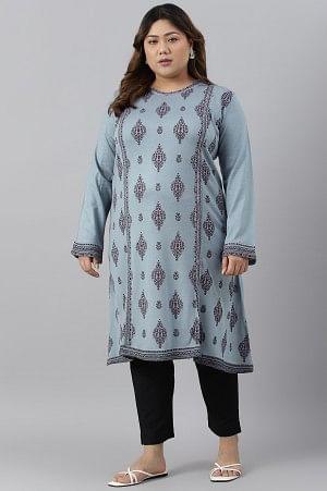 Blue Printed Knitted Winter Plus Size kurta - wforwoman