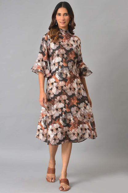 Brown Floral Printed Vaccy Dress