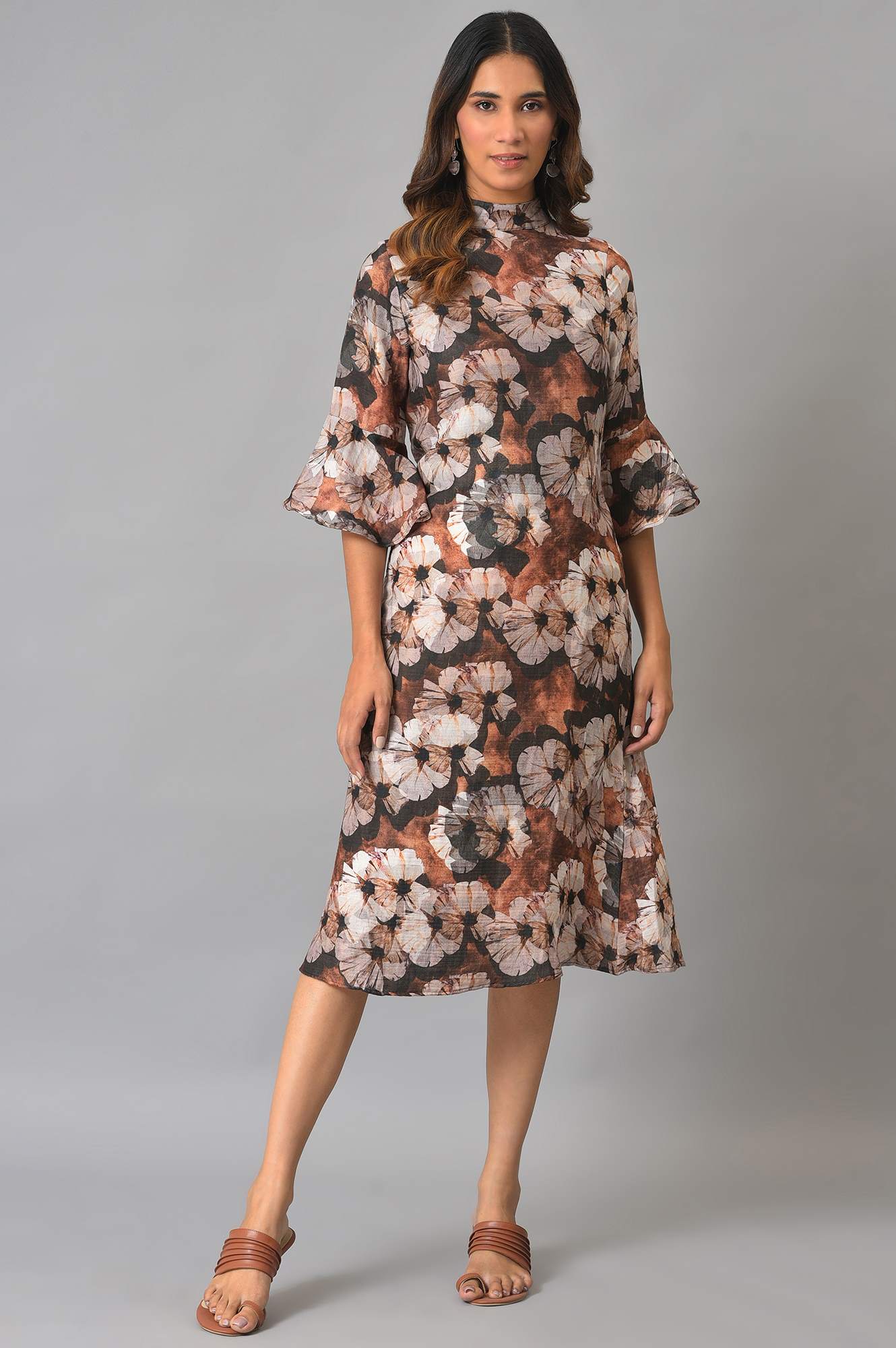 Brown Floral Printed Vaccy Dress