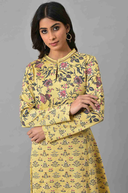 Yellow A-Line Placement Print Winter kurta