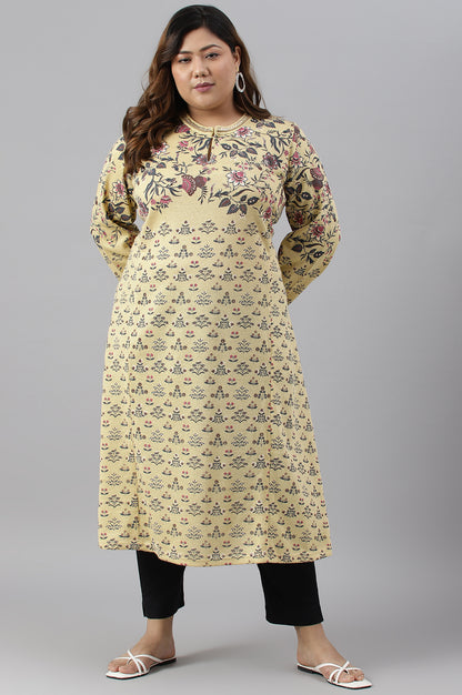 Yellow A-Line Placement Print Plus Size Winter kurta