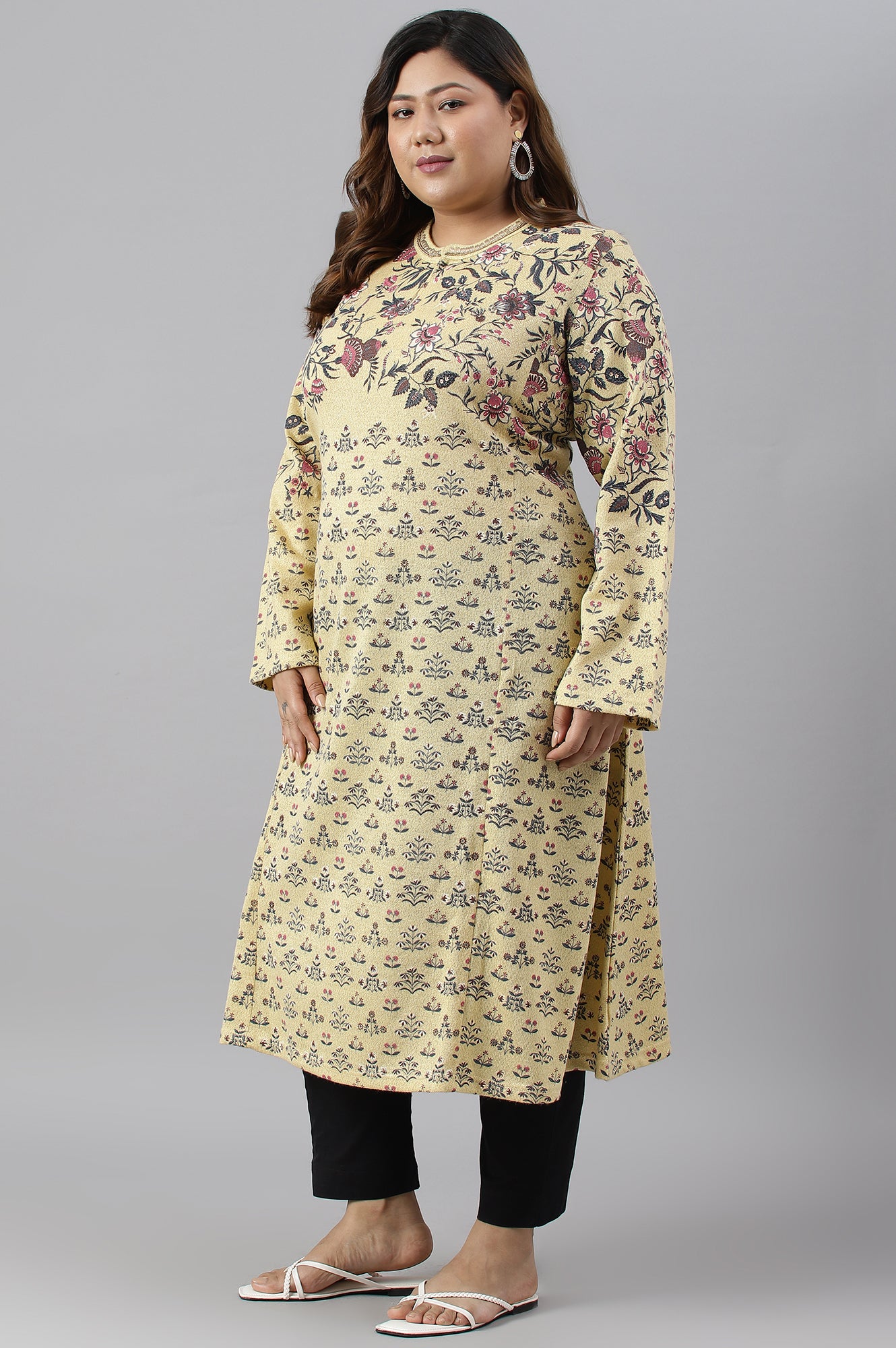 Yellow A-Line Placement Print Plus Size Winter kurta