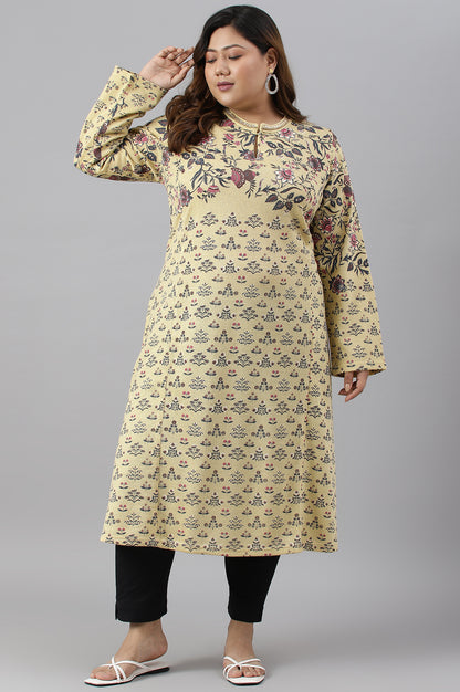 Yellow A-Line Placement Print Plus Size Winter kurta