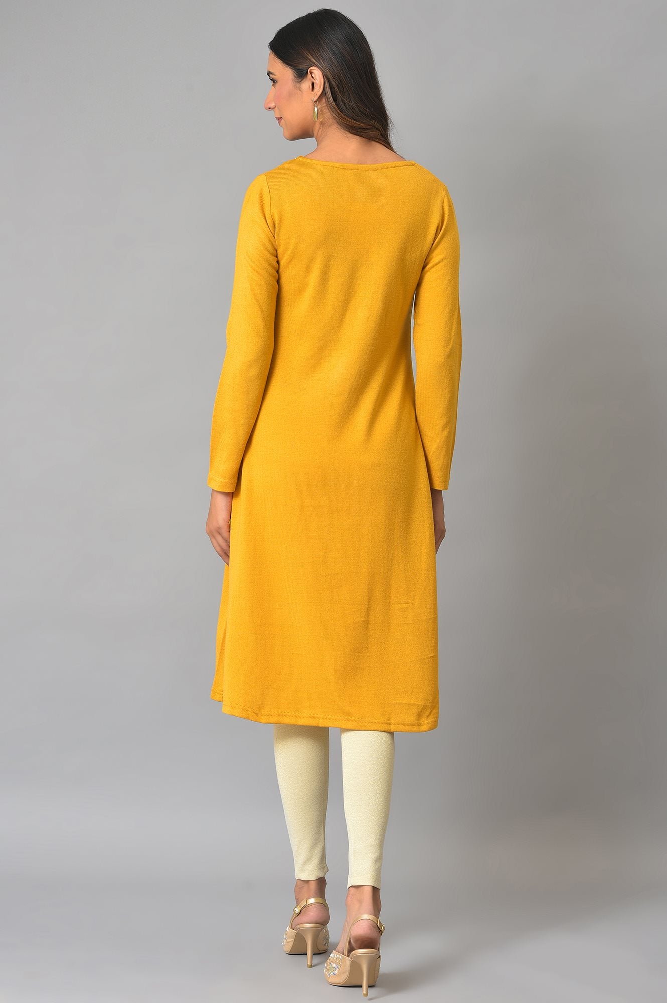 Yellow Winter kurta With Embroidered Yoke