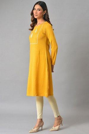 Yellow Winter kurta With Embroidered Yoke - wforwoman
