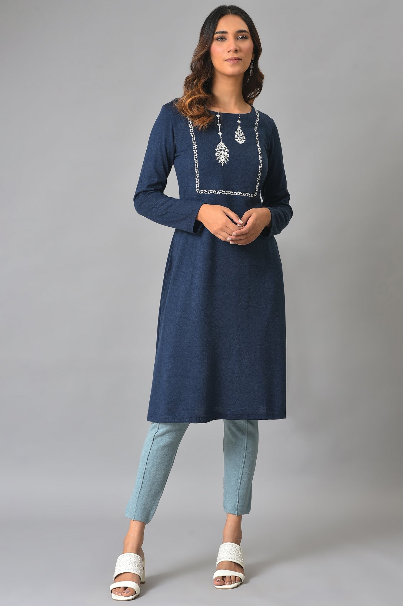 Blue A-Line Embroidered Winter kurta