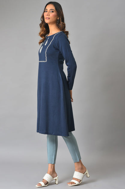 Blue A-Line Embroidered Winter kurta