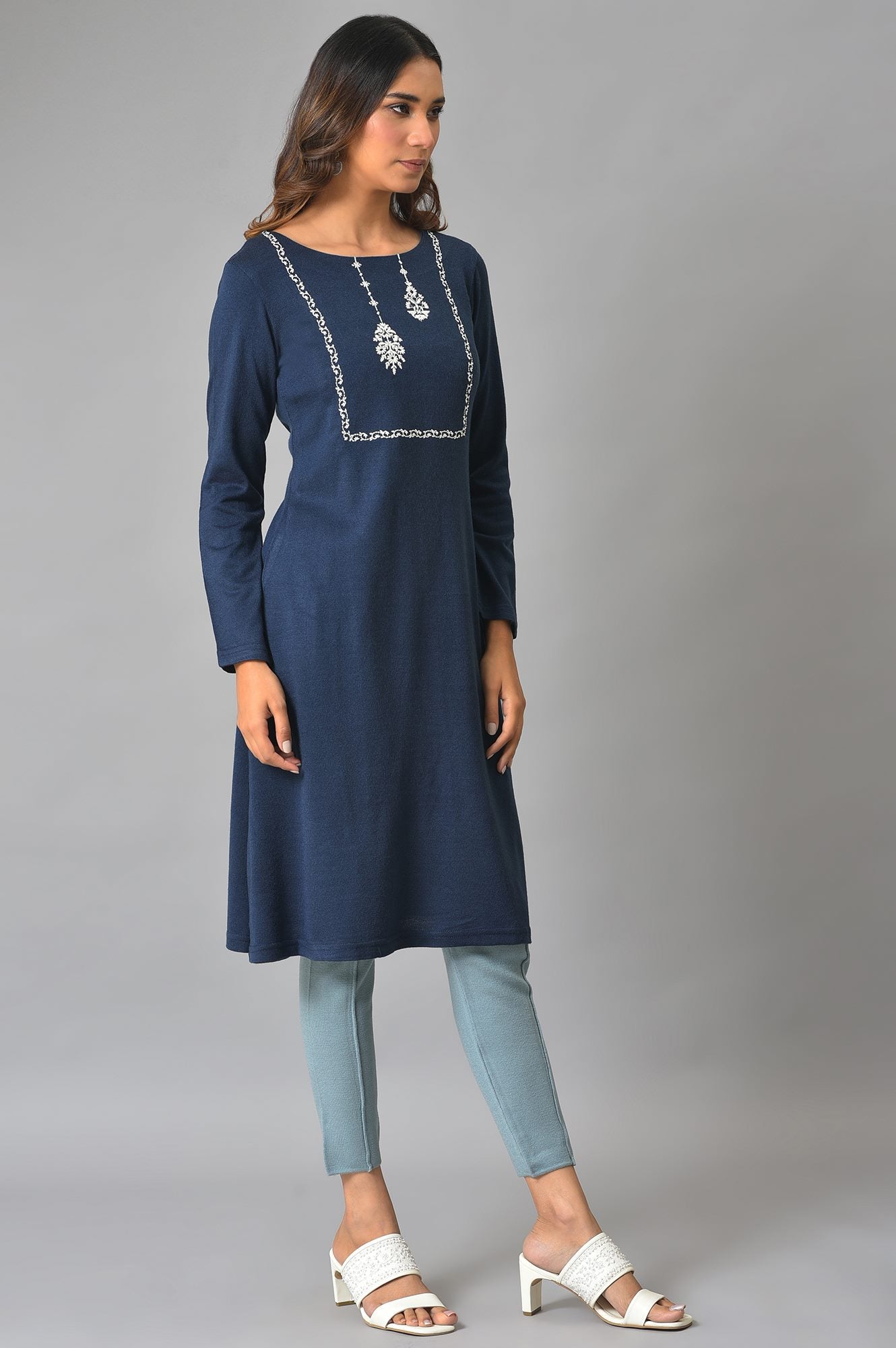 Blue A-Line Embroidered Winter kurta