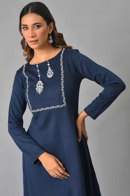 Blue A-Line Embroidered Winter kurta
