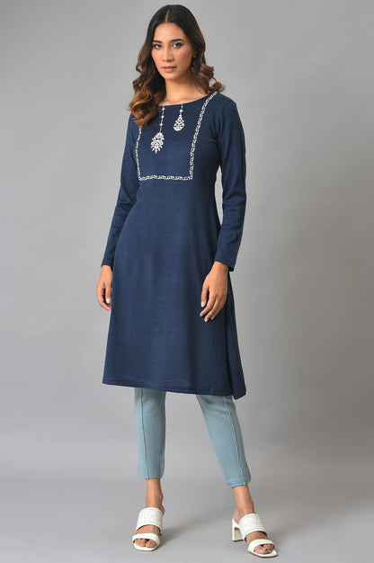 Blue A-Line Embroidered Winter kurta