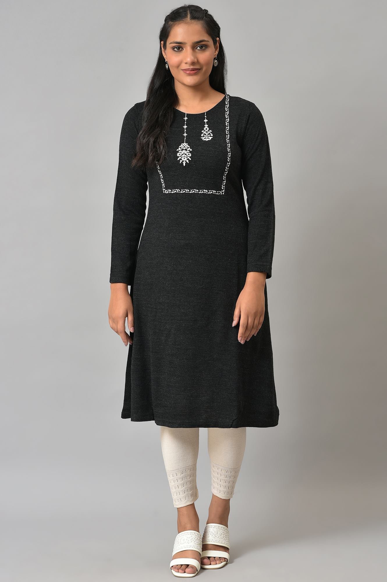 Black A-Line Embroidered Winter kurta