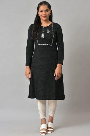 Black A-Line Embroidered Winter kurta - wforwoman