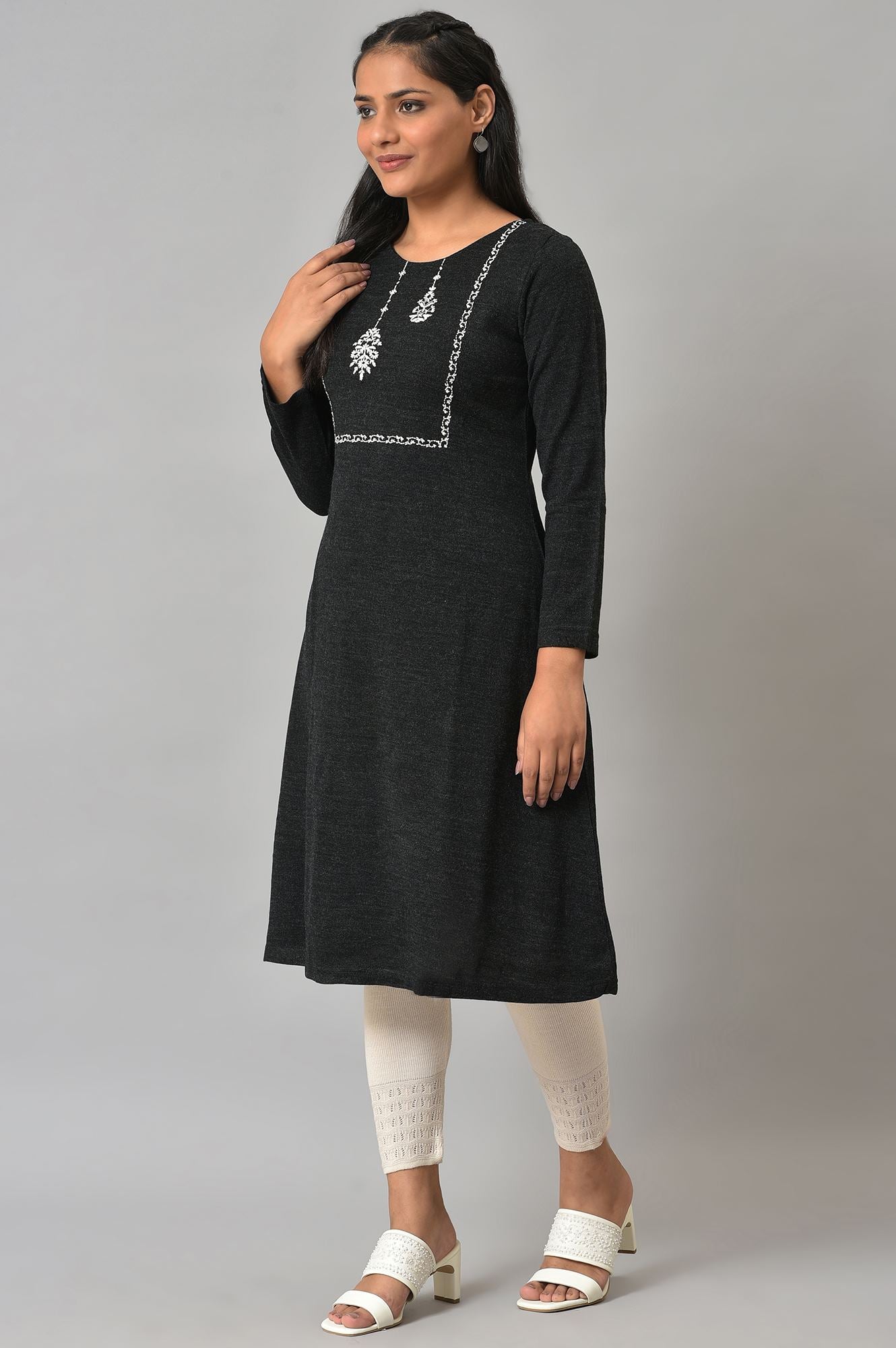 Black A-Line Embroidered Winter kurta