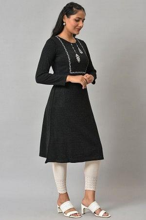 Black A-Line Embroidered Winter kurta - wforwoman