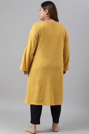 Plus Size Yellow Winter kurta With Embroidered Yoke - wforwoman