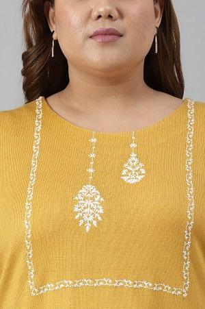 Plus Size Yellow Winter kurta With Embroidered Yoke - wforwoman