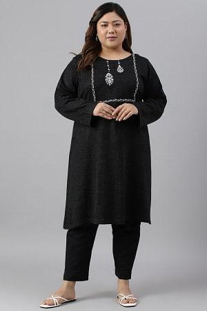 Plus Size Black A-Line Embroidered Winter kurta - wforwoman