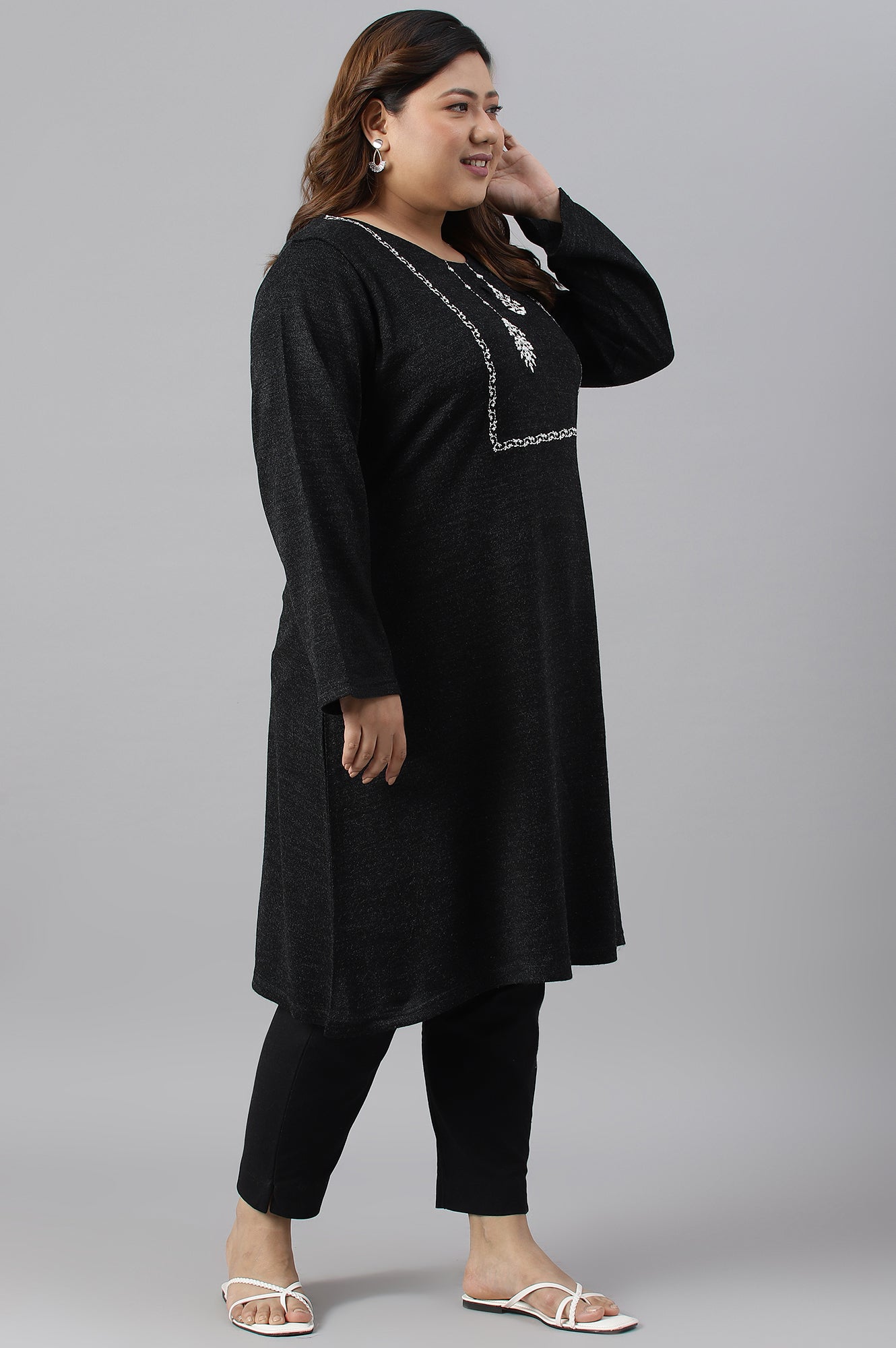 Plus Size Black A-Line Embroidered Winter kurta