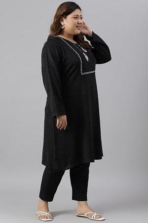 Plus Size Black A-Line Embroidered Winter kurta - wforwoman