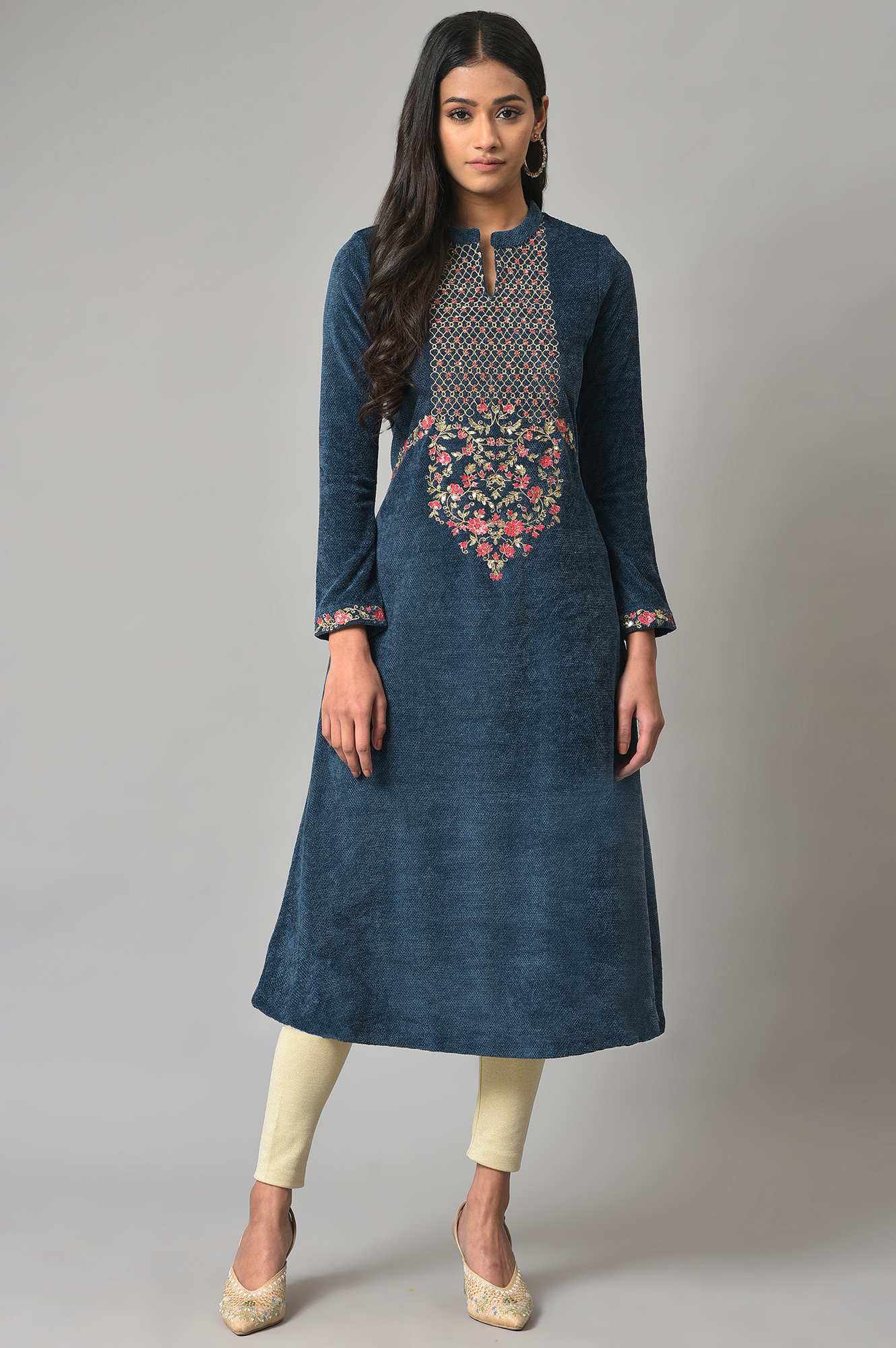 Dark Blue Embroidered Winter kurta