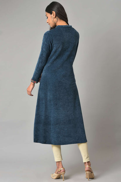 Dark Blue Embroidered Winter kurta