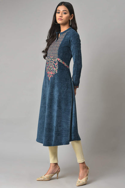 Dark Blue Embroidered Winter kurta