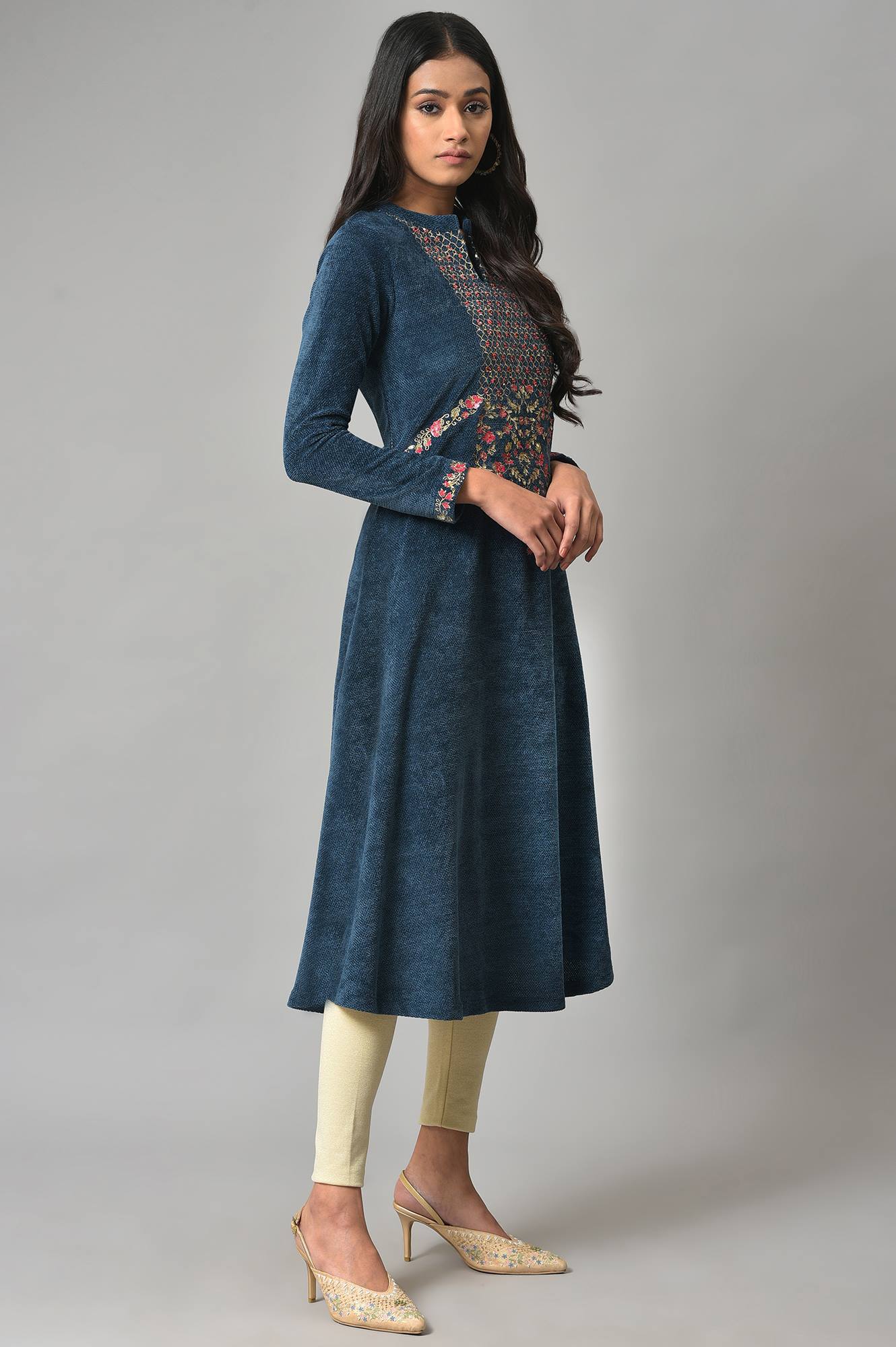 Dark Blue Embroidered Winter kurta