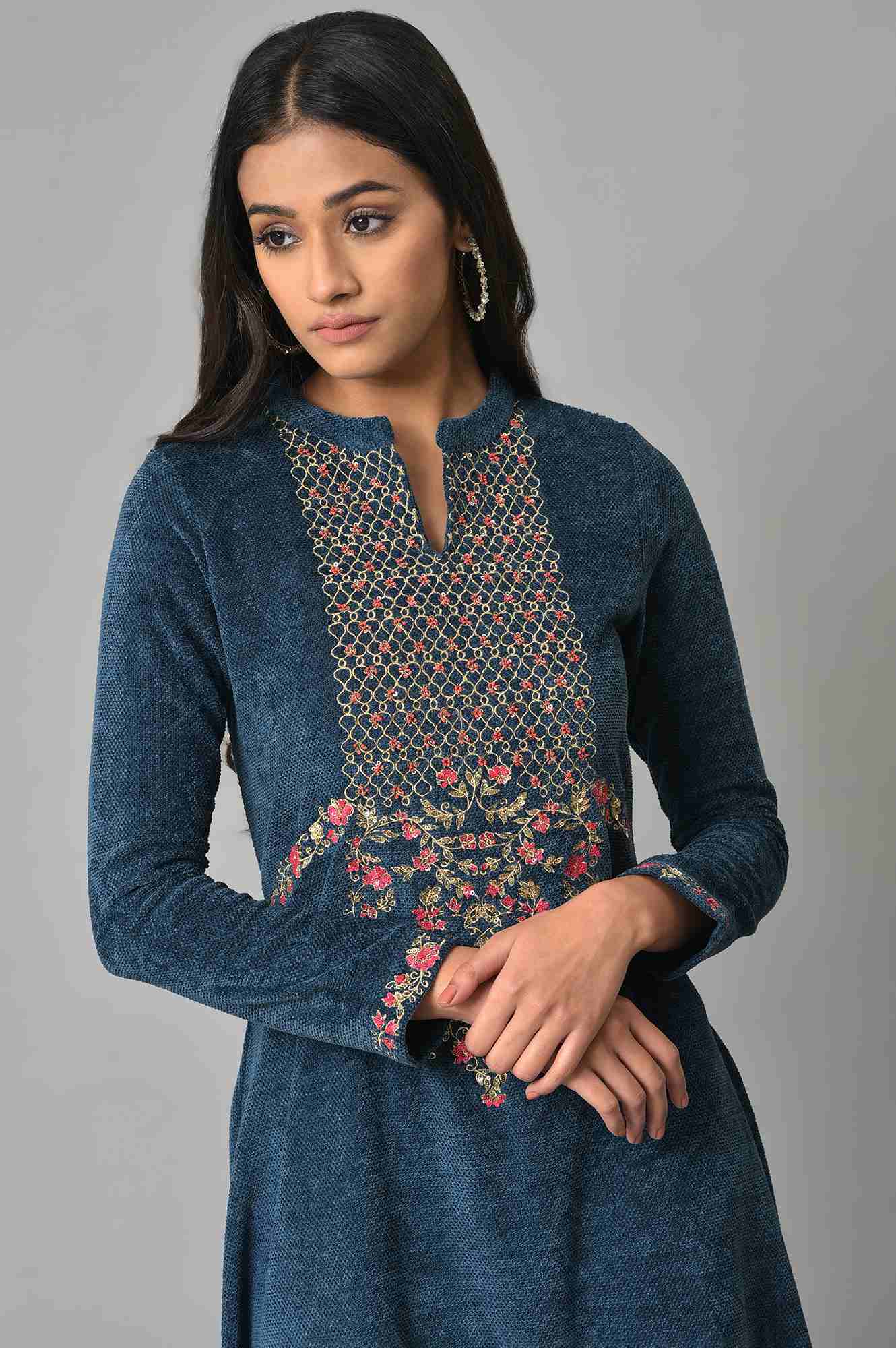 Dark Blue Embroidered Winter kurta