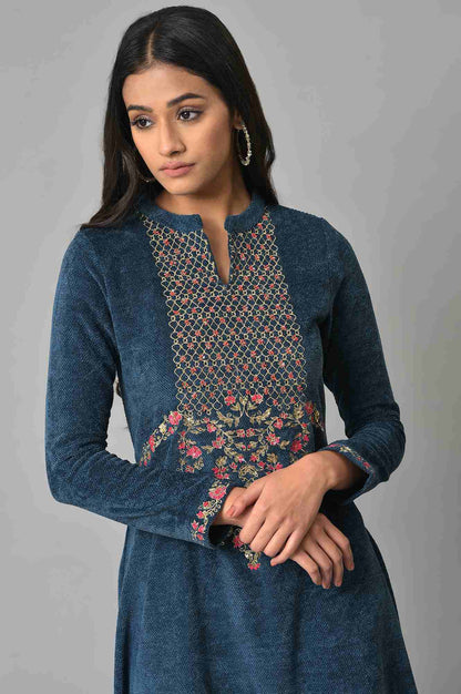 Dark Blue Embroidered Winter kurta