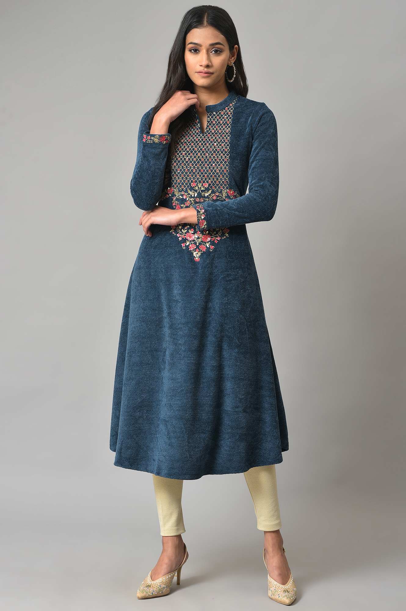 Dark Blue Embroidered Winter kurta