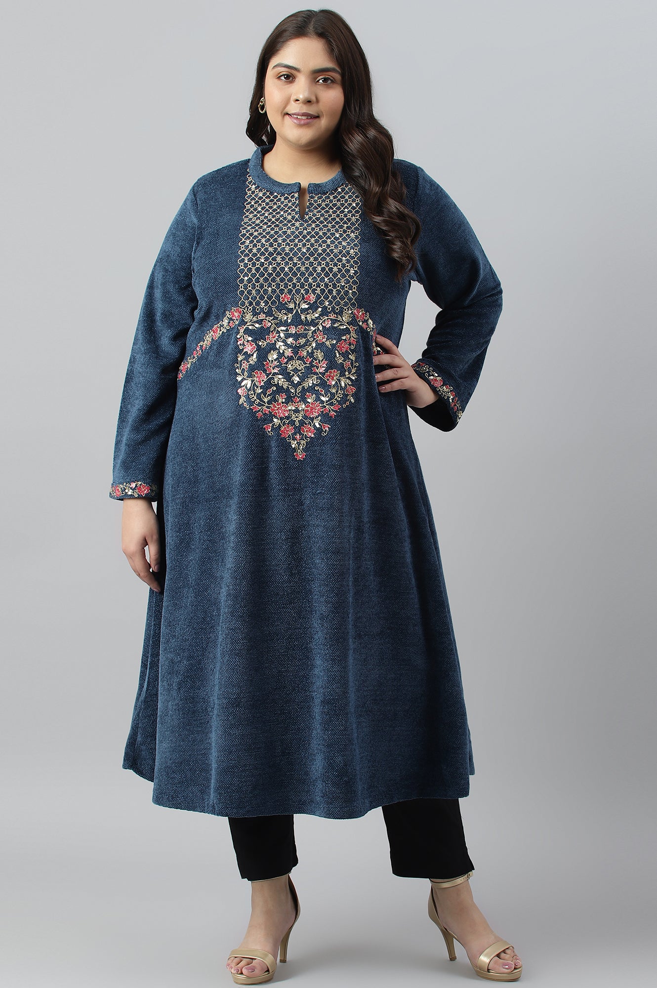 Dark Blue Embroidered Plus Size Winter kurta