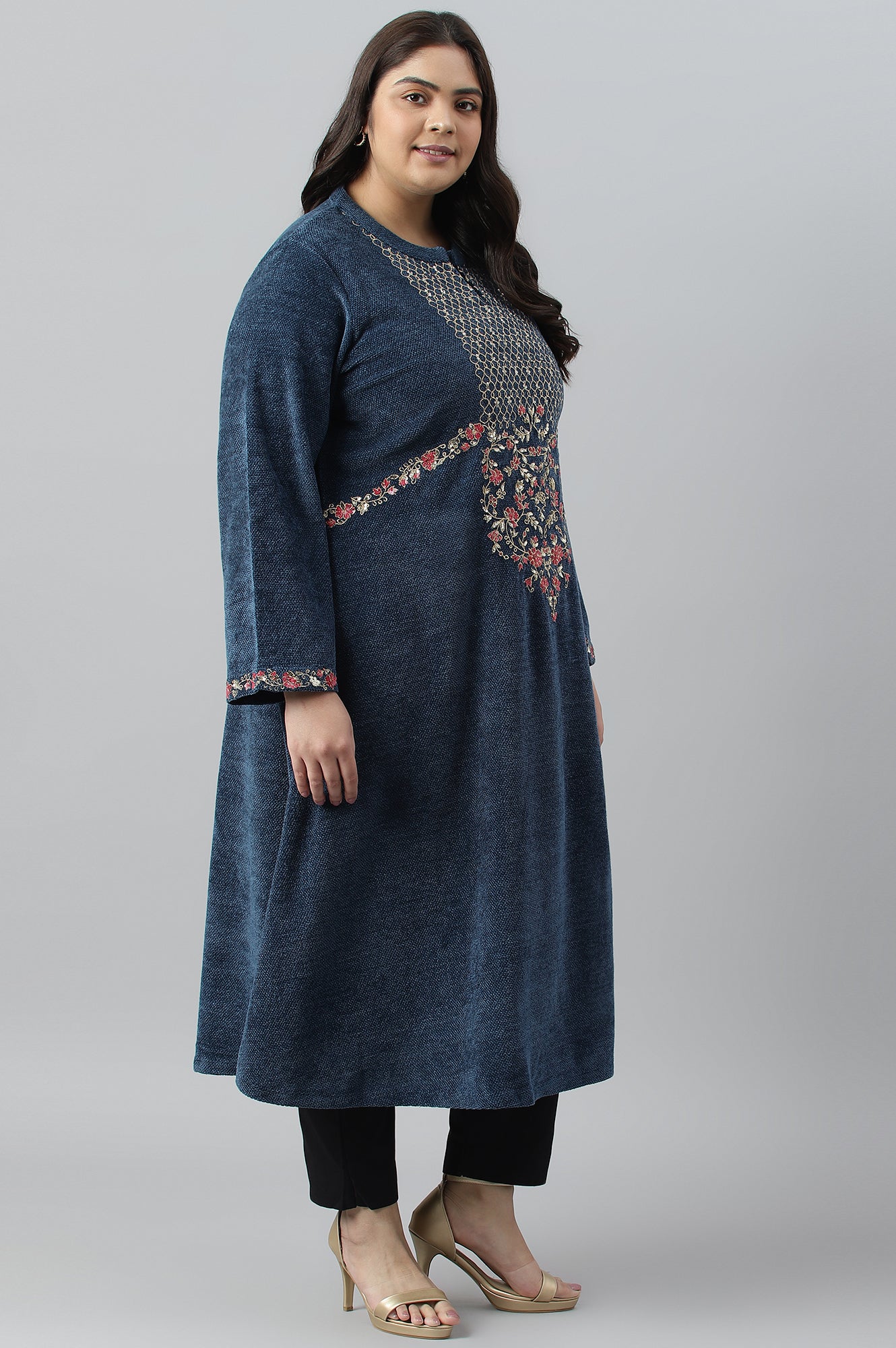 Dark Blue Embroidered Plus Size Winter kurta