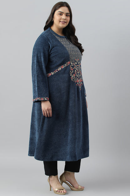 Dark Blue Embroidered Plus Size Winter kurta