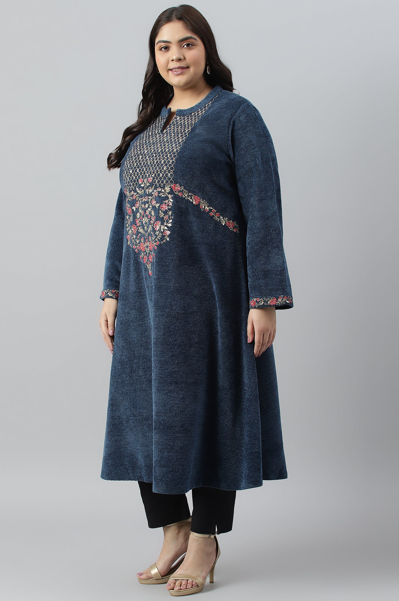 Dark Blue Embroidered Plus Size Winter kurta