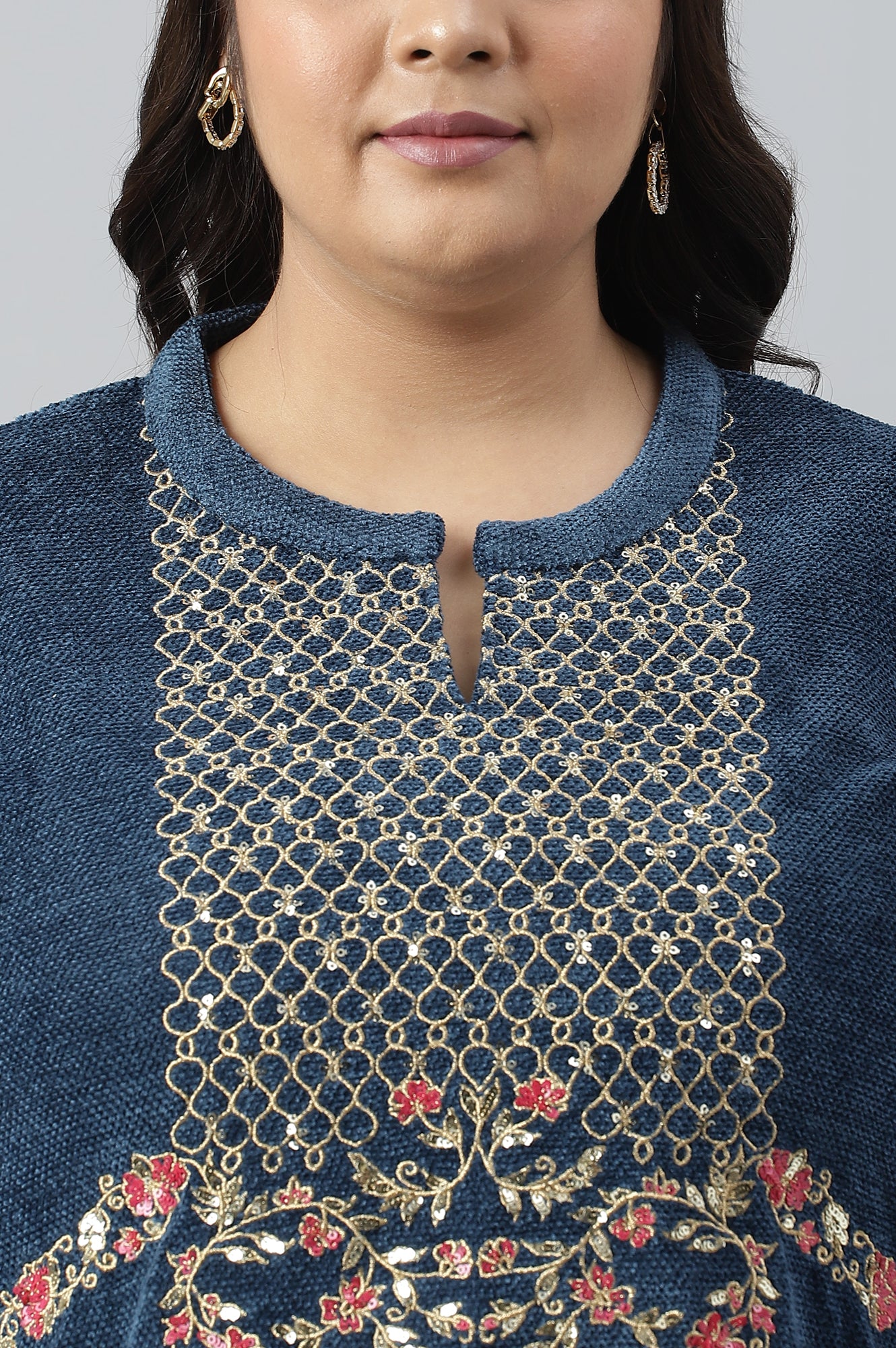 Dark Blue Embroidered Plus Size Winter kurta