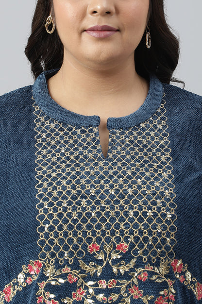 Dark Blue Embroidered Plus Size Winter kurta