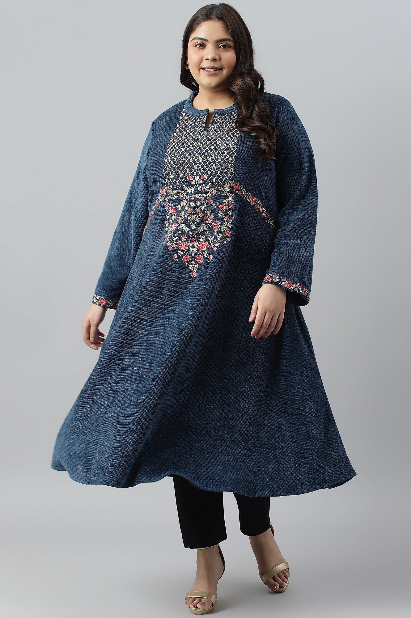 Dark Blue Embroidered Plus Size Winter kurta