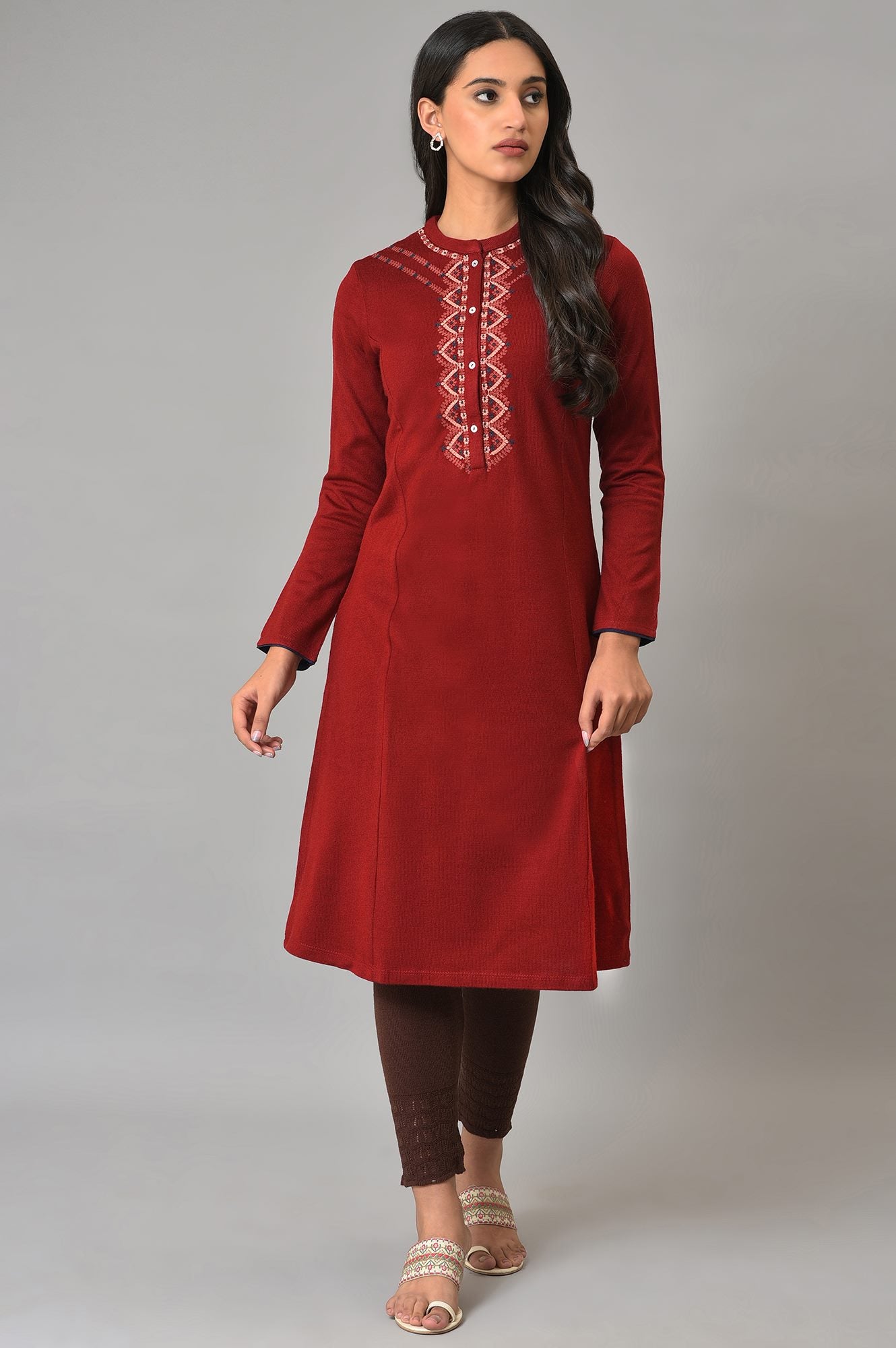 Red A-Line Embroidered Winter kurta